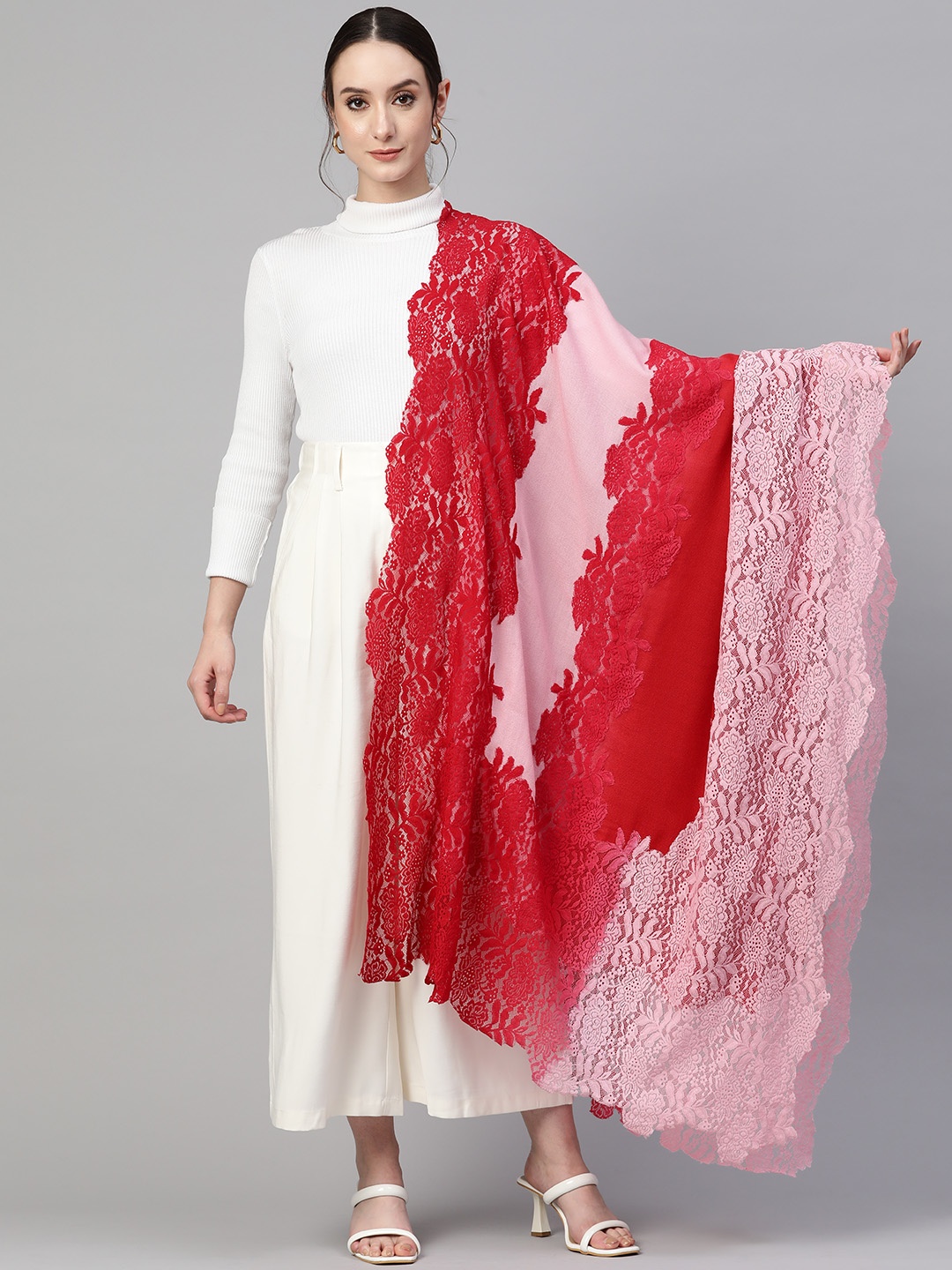 

MODARTA Women Wool Floral Embroidered Shawl, Red
