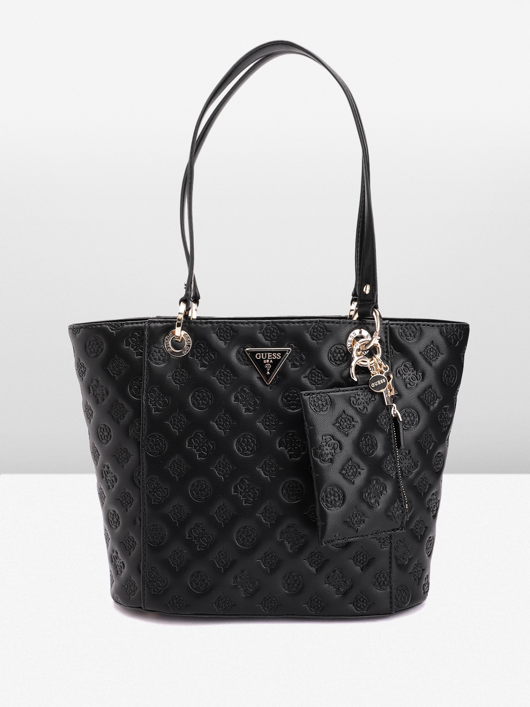 

GUESS Brand Logo Textured Bucket Shoulder Bag with Pouch, Black