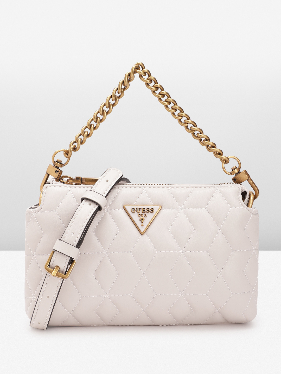 

GUESS Women Geometric Textured Structured Sling Bag with Quilted Detail, Grey