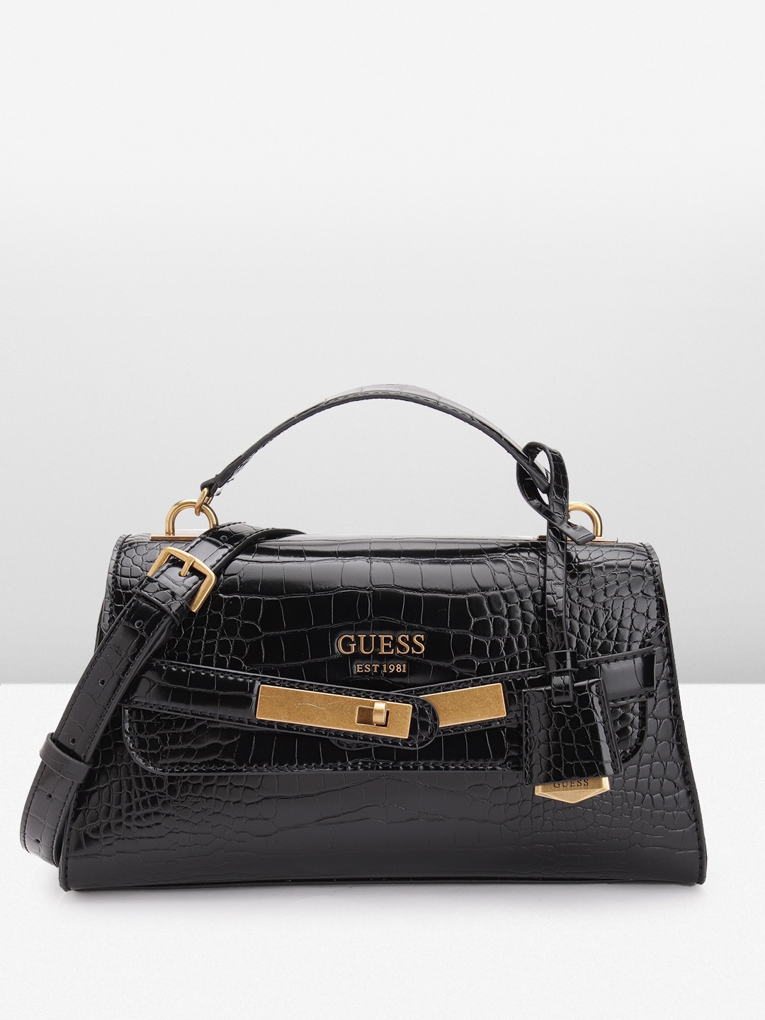 

GUESS Women Croc Textured Structured Foldover Sling Bag, Black