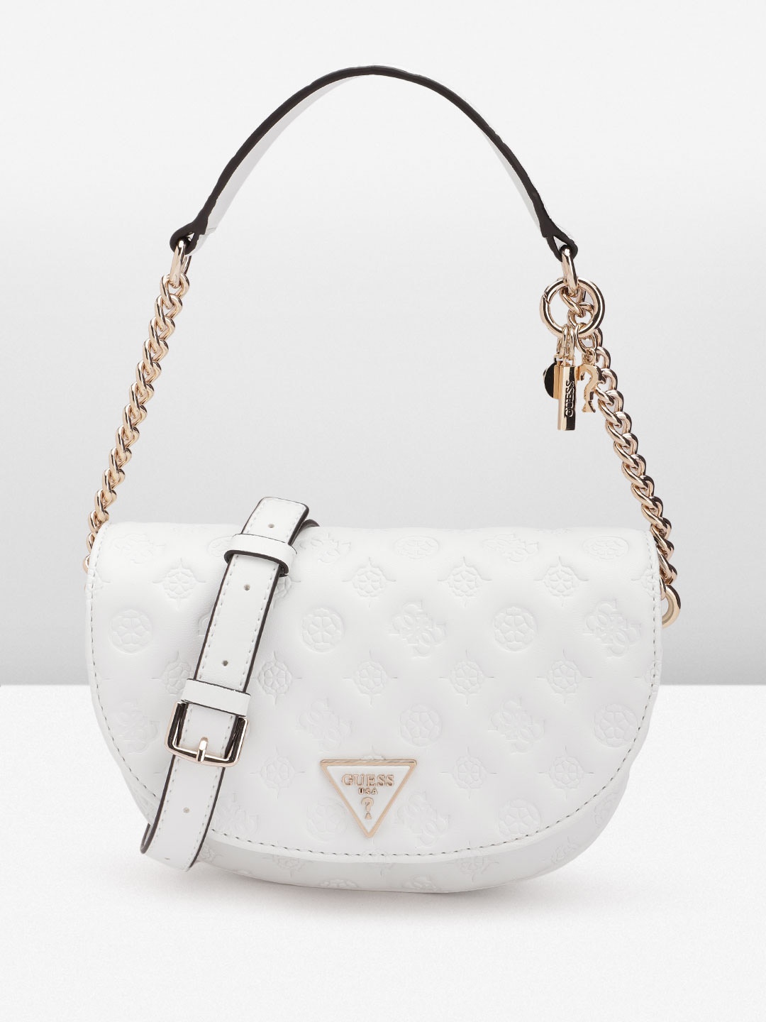 

GUESS Women Floral Textured Half Moon Foldover Shoulder Bag, White