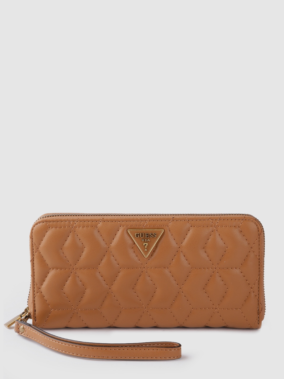 

GUESS Women Geometric Textured Zip Around Wallet with Quilted Detail, Brown