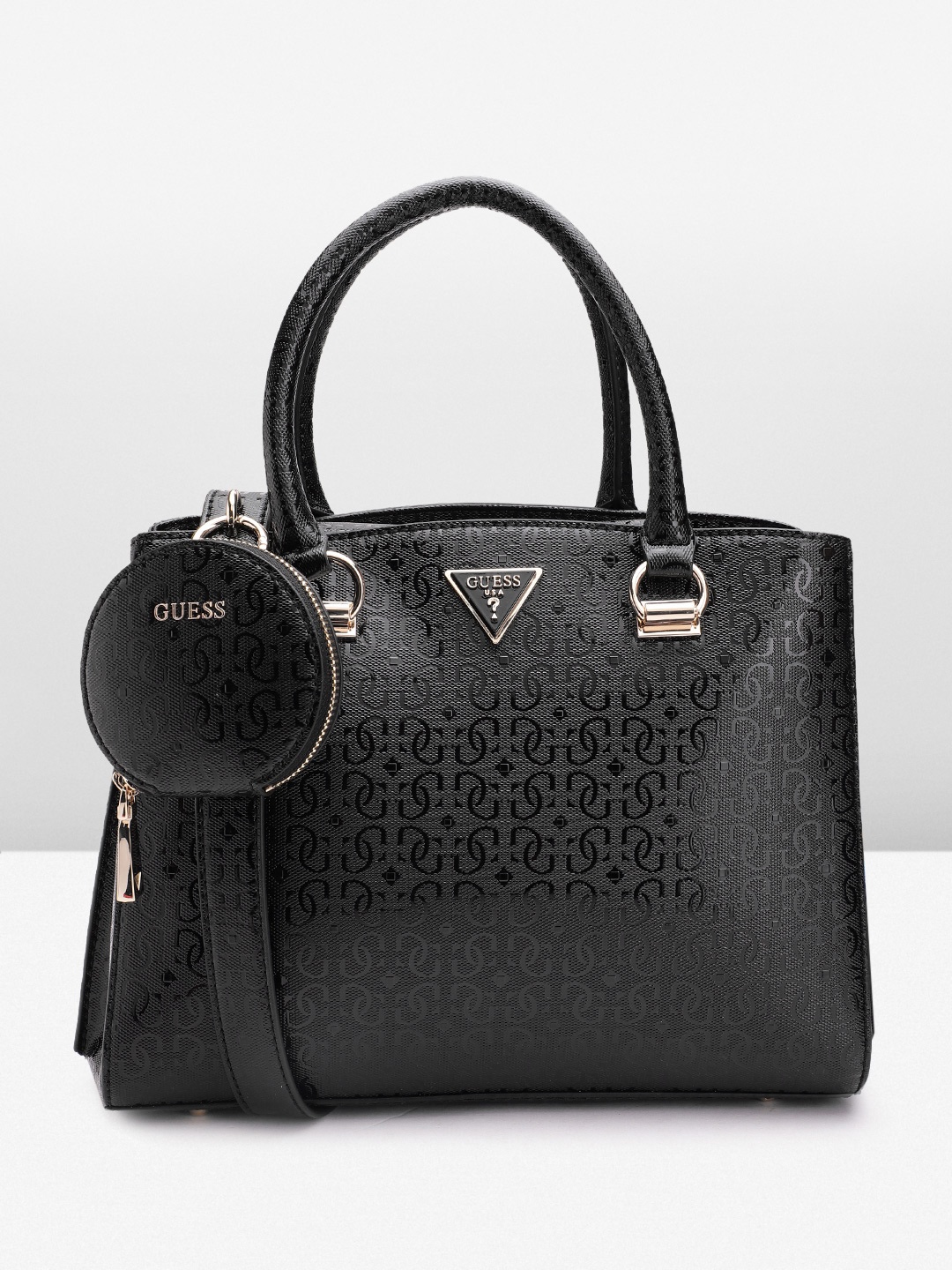 

GUESS Women Brand Logo Textured Structured Handheld Bag, Black