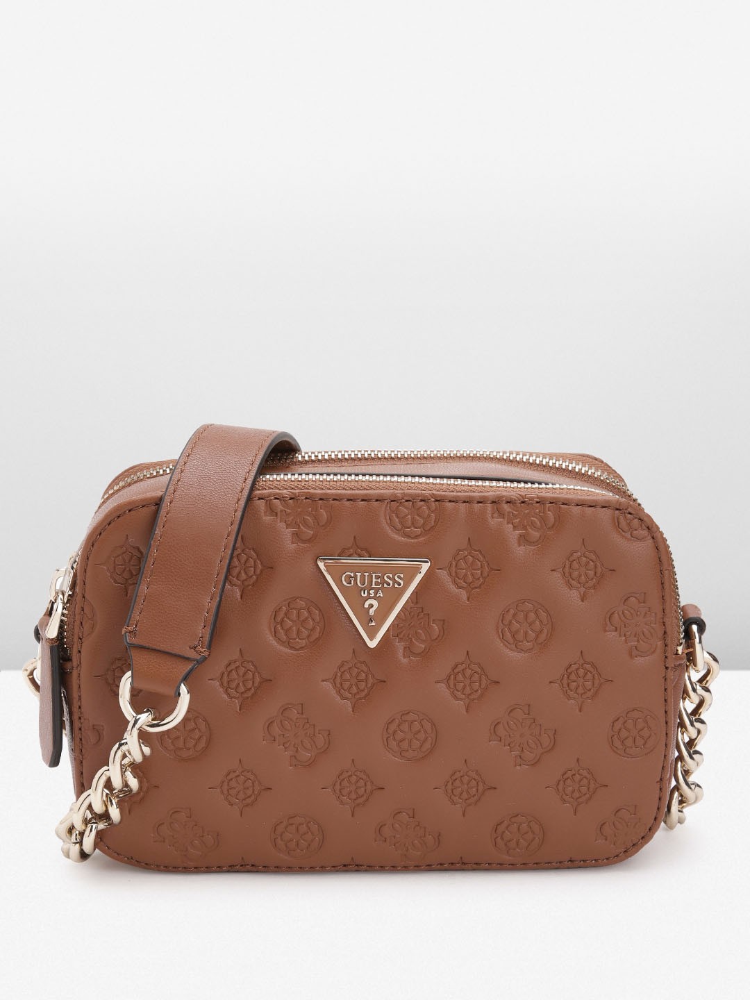 

GUESS Women Floral Textured Structured Sling Bag, Brown