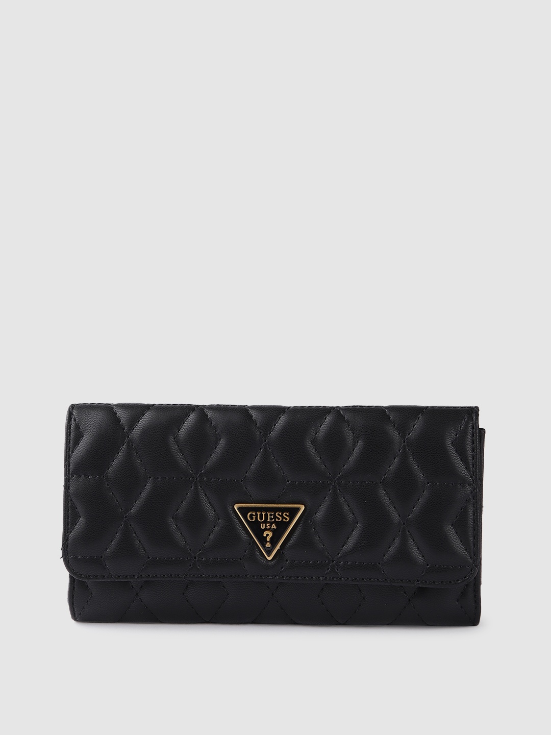 

GUESS Women Geometric Textured Three Fold Wallet with Quilted Detail, Black