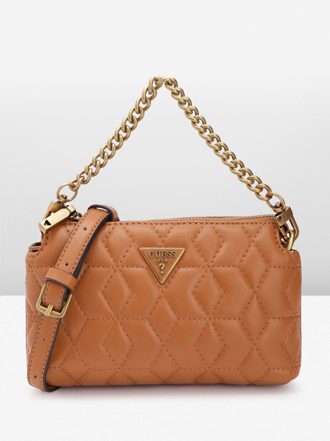 

GUESS Women Geometric Textured Structured Sling Bag with Quilted Detail, Brown