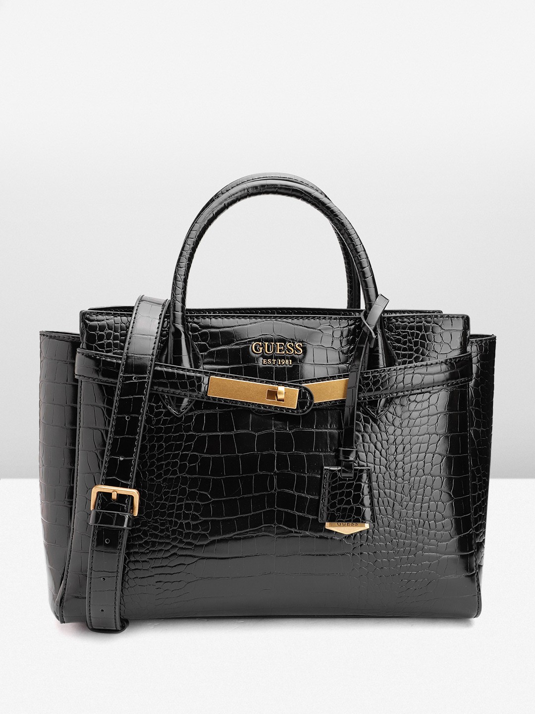 

GUESS Croc Textured Structured Handheld Bag, Black