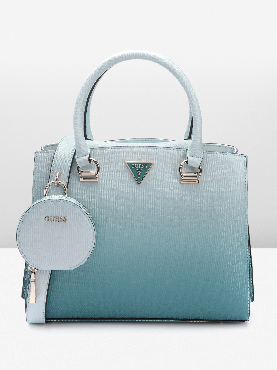 

GUESS Women Brand Logo Textured Structured Handheld Bag, Blue