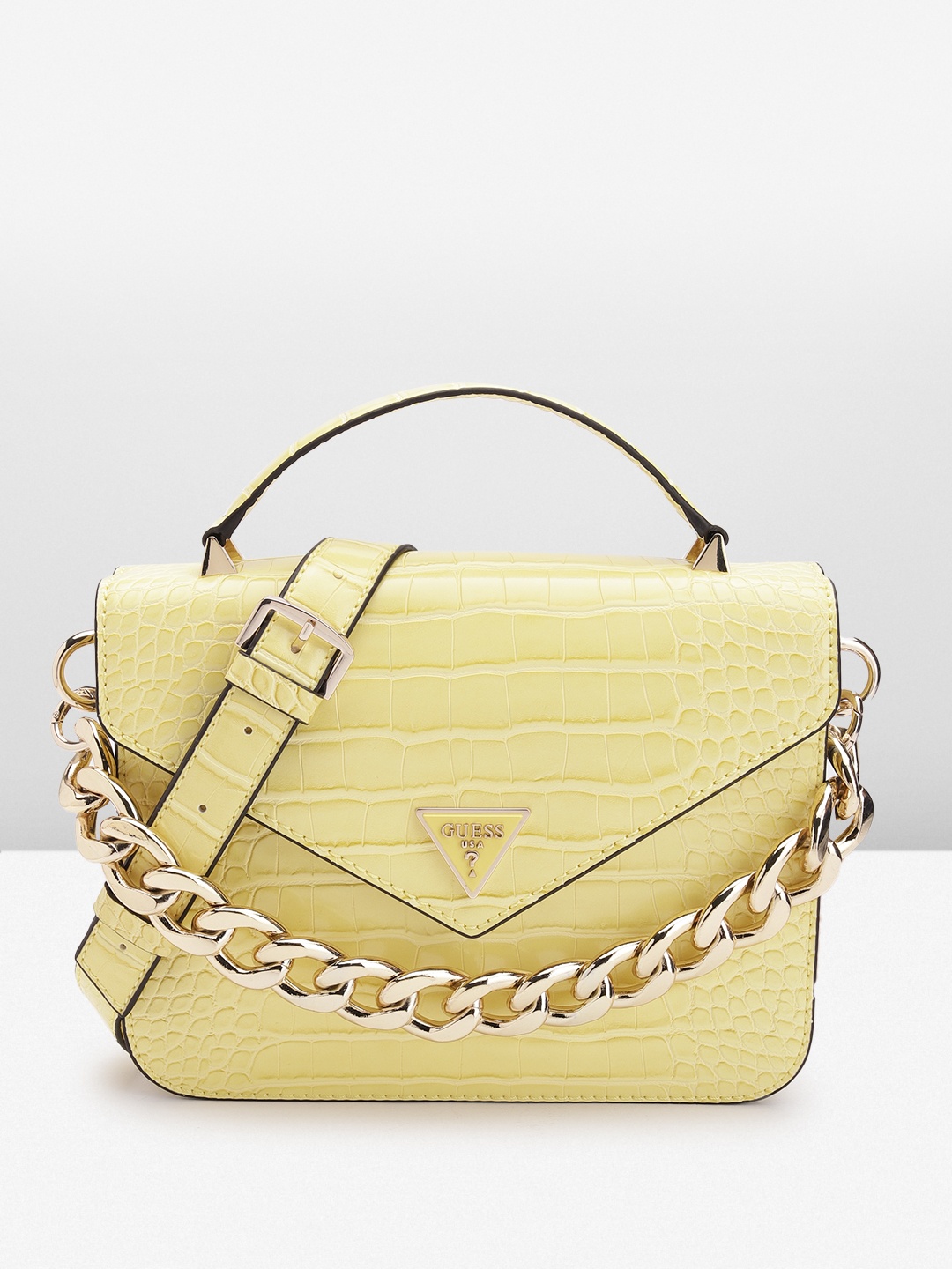 

GUESS Women Croc Textured Structured Handheld Bag, Yellow