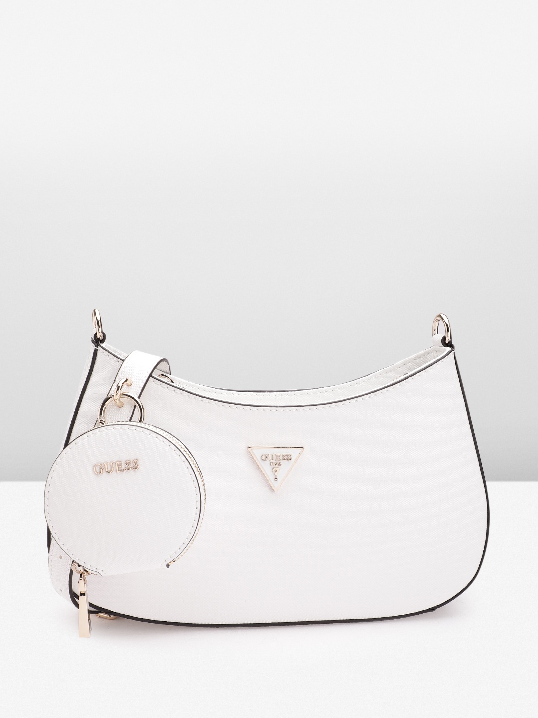 

GUESS Brand Logo Textured Structured Baguette Bag with Pouch, White
