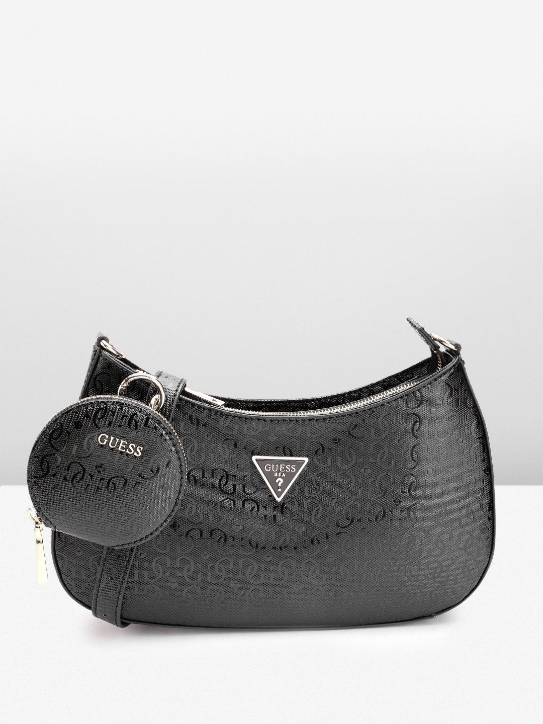 

GUESS Brand Logo Textured Structured Baguette Bag with Pouch, Black