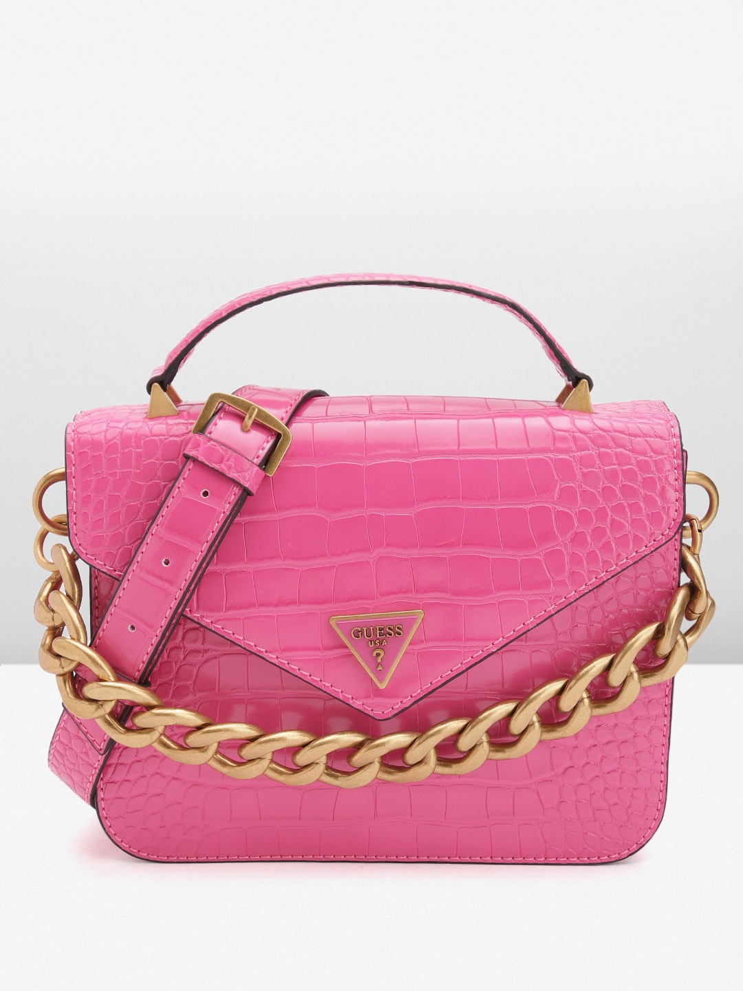 

GUESS Women Croc Textured Structured Handheld Bag, Pink