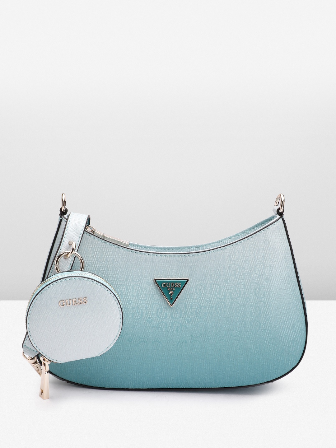

GUESS Brand Logo Textured Structured Baguette Bag with Pouch, Blue