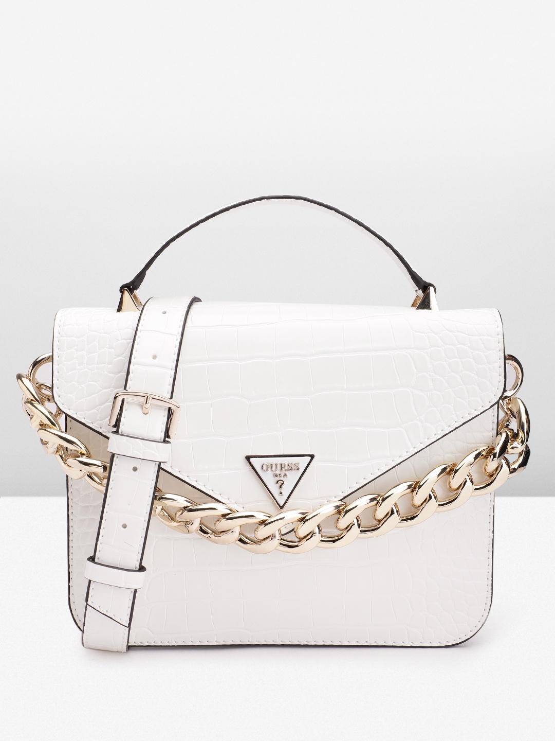 

GUESS Women Croc Textured Structured Handheld Bag, White