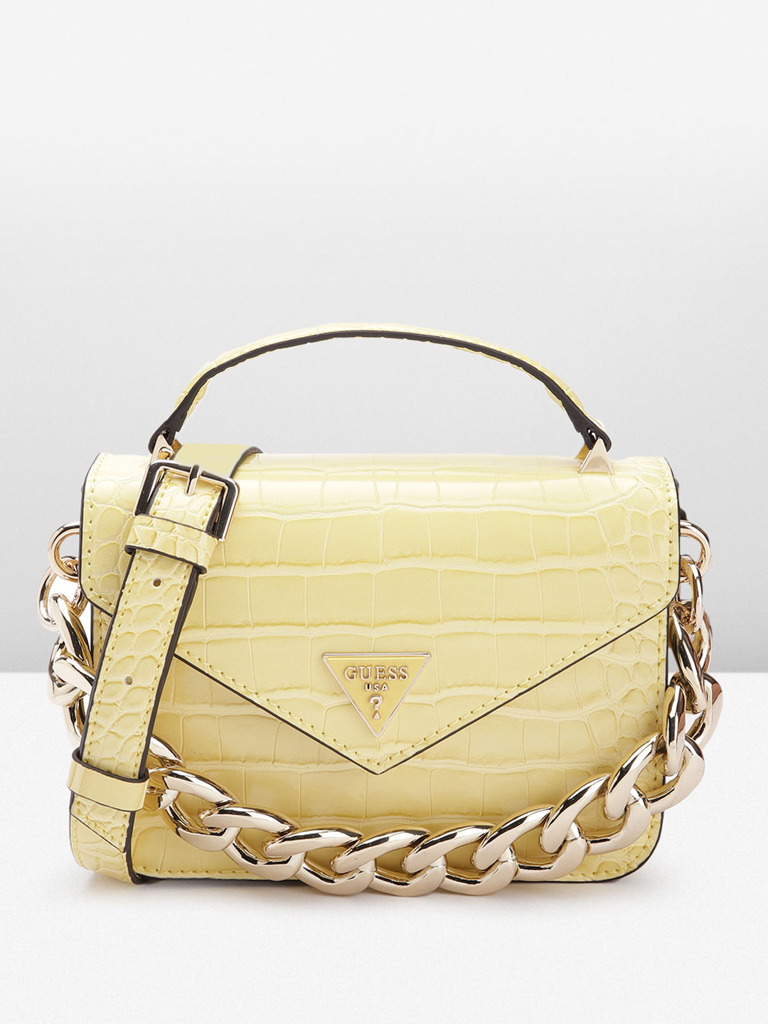 

GUESS Croc Textured Structured Satchel, Yellow