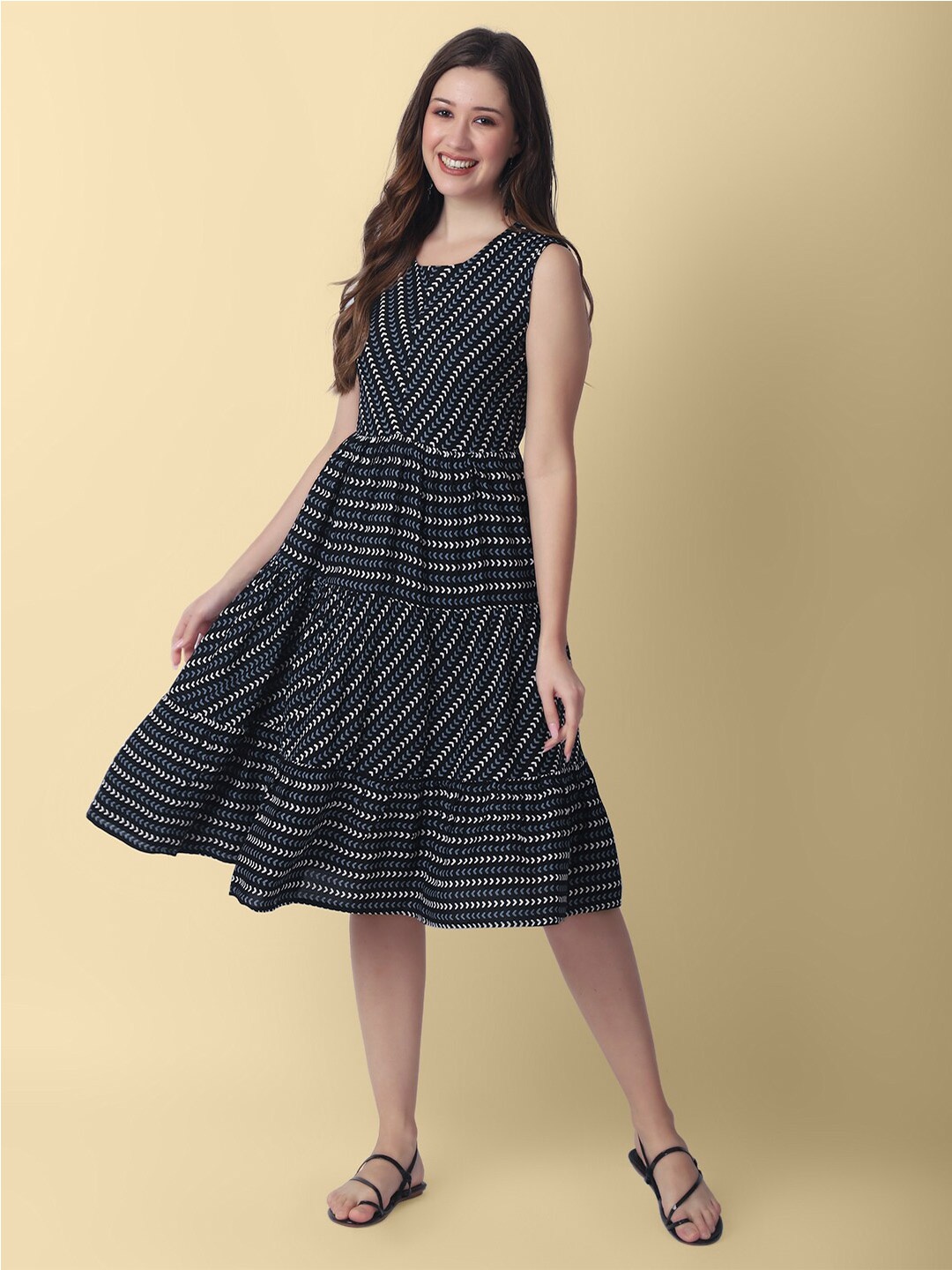 

DAEVISH Striped Gathered Fit & Flare Dress, Black
