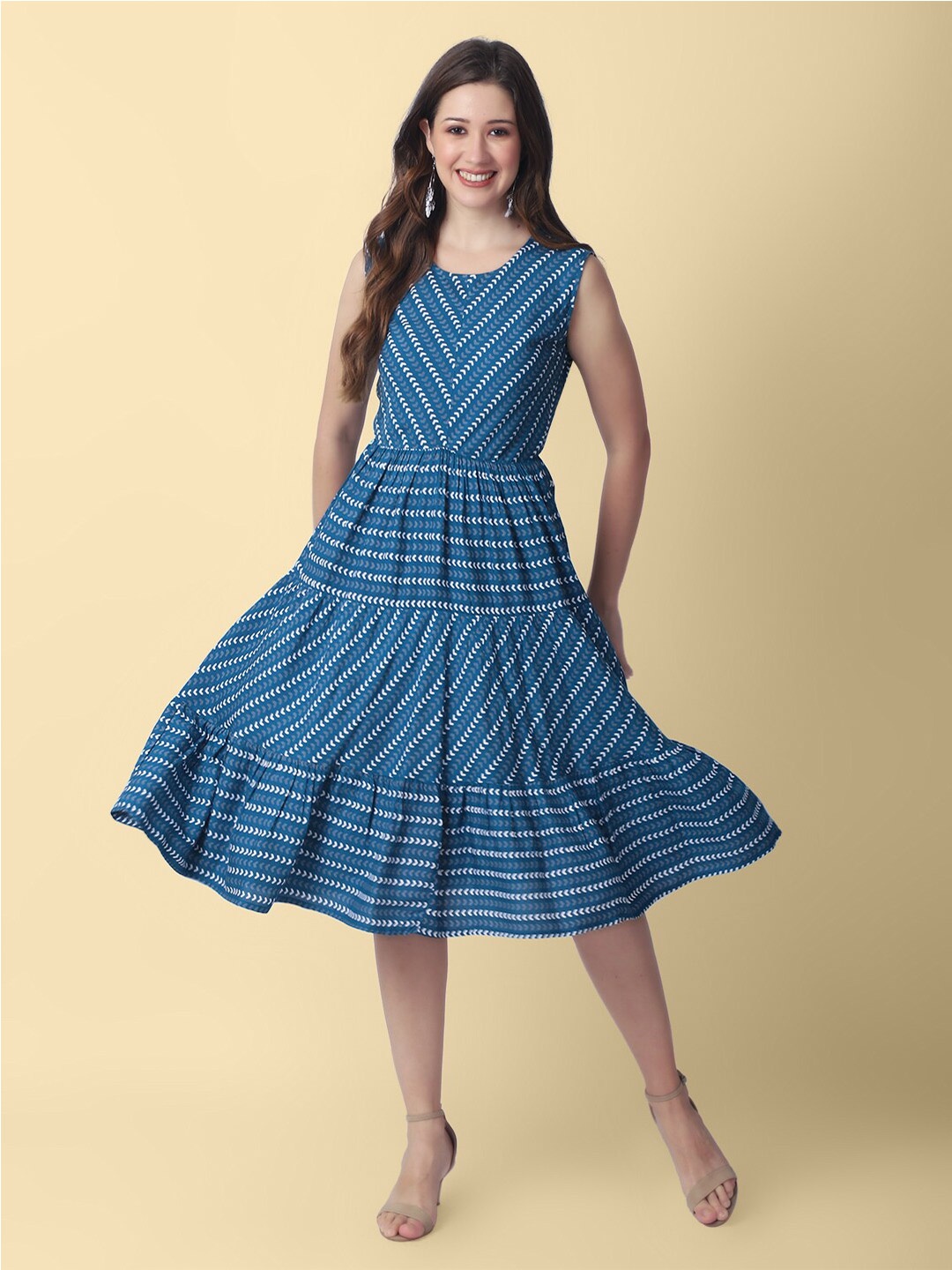 

DAEVISH Striped Gathered Fit & Flare Midi Dress, Blue