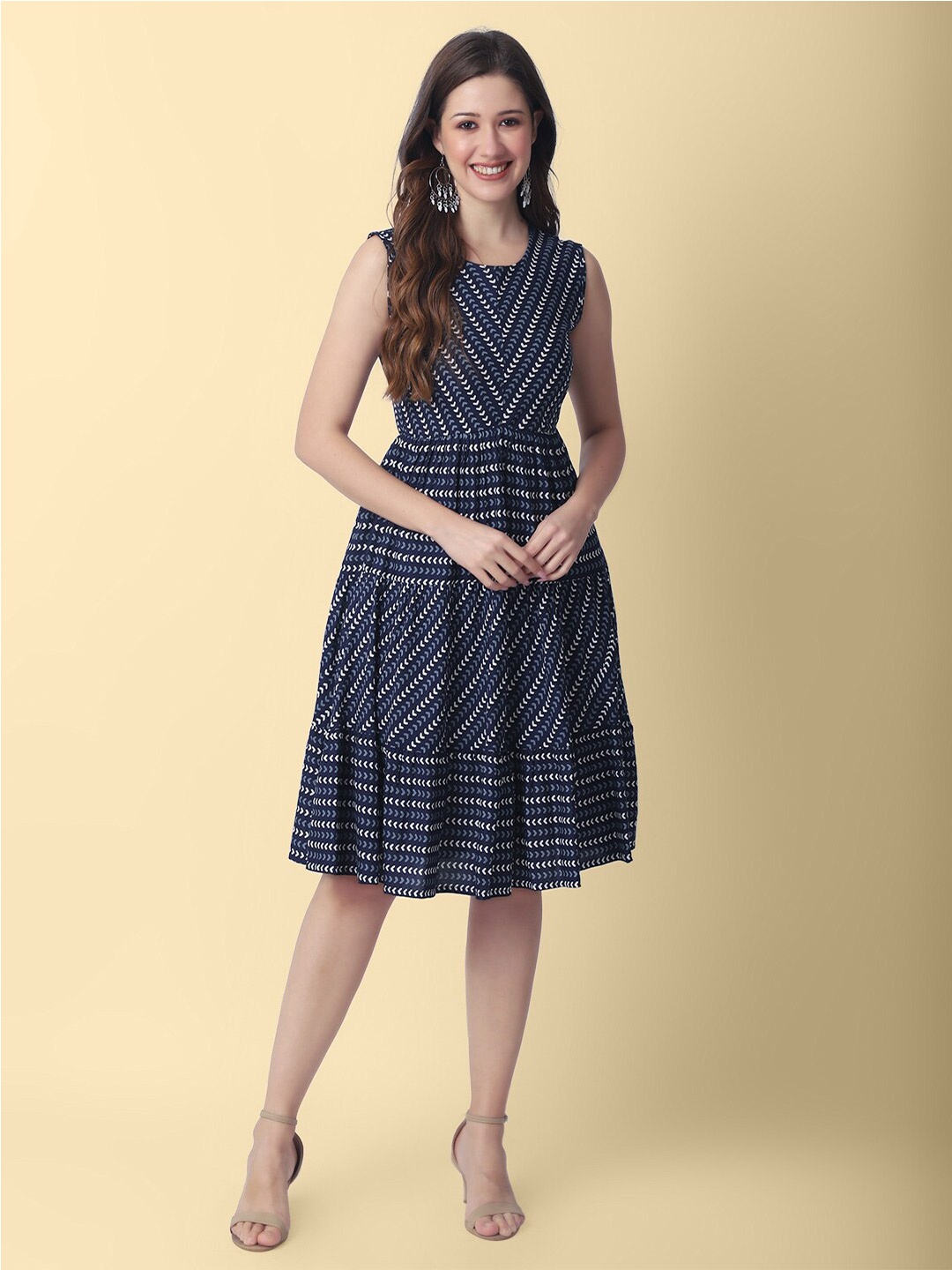

DAEVISH Sleeveless Geometric Printed Fit & Flare Dress, Blue