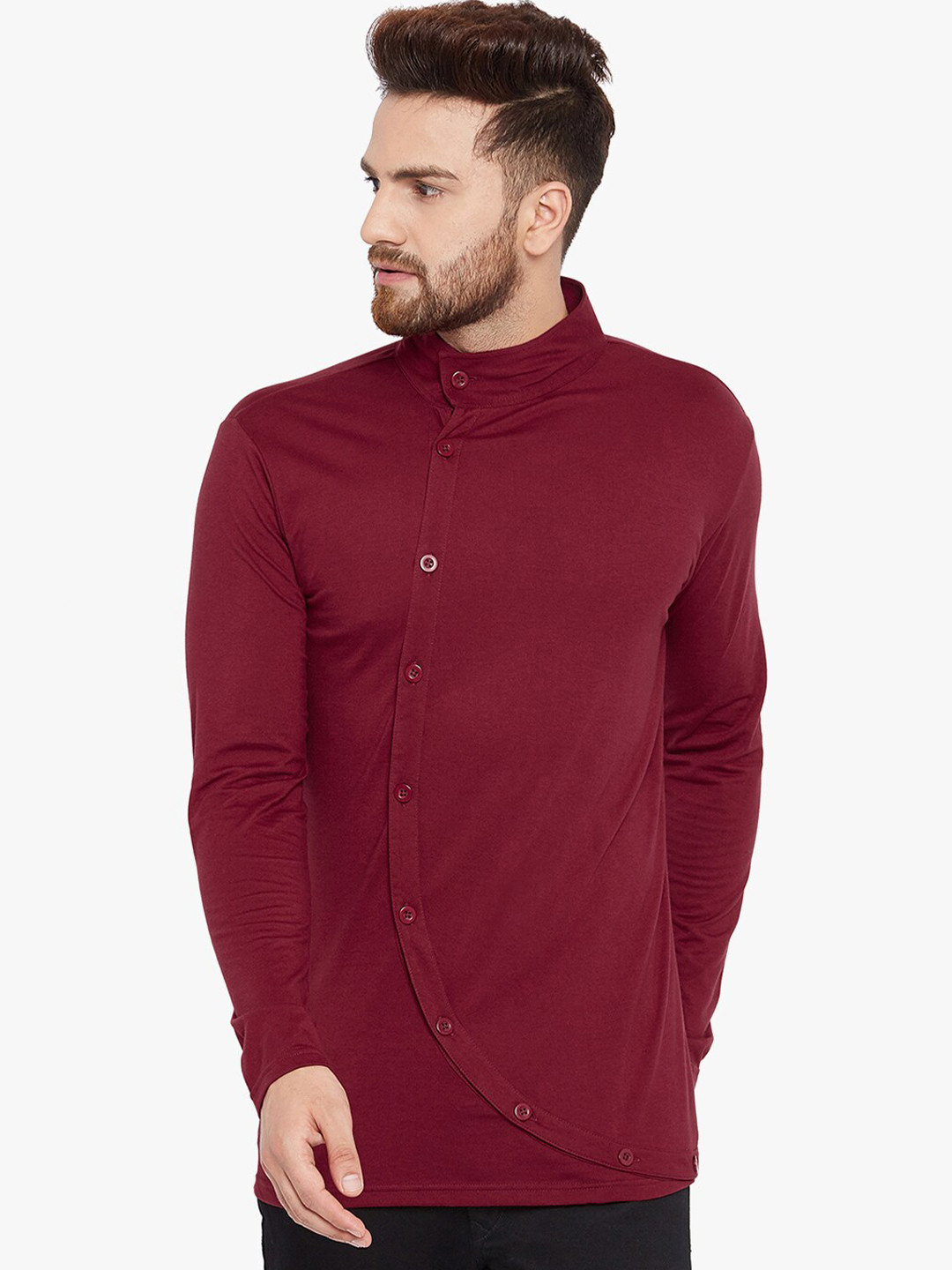 

CHILL WINSTON Band Collar Long Sleeves Cotton Slim Fit T-shirt, Maroon