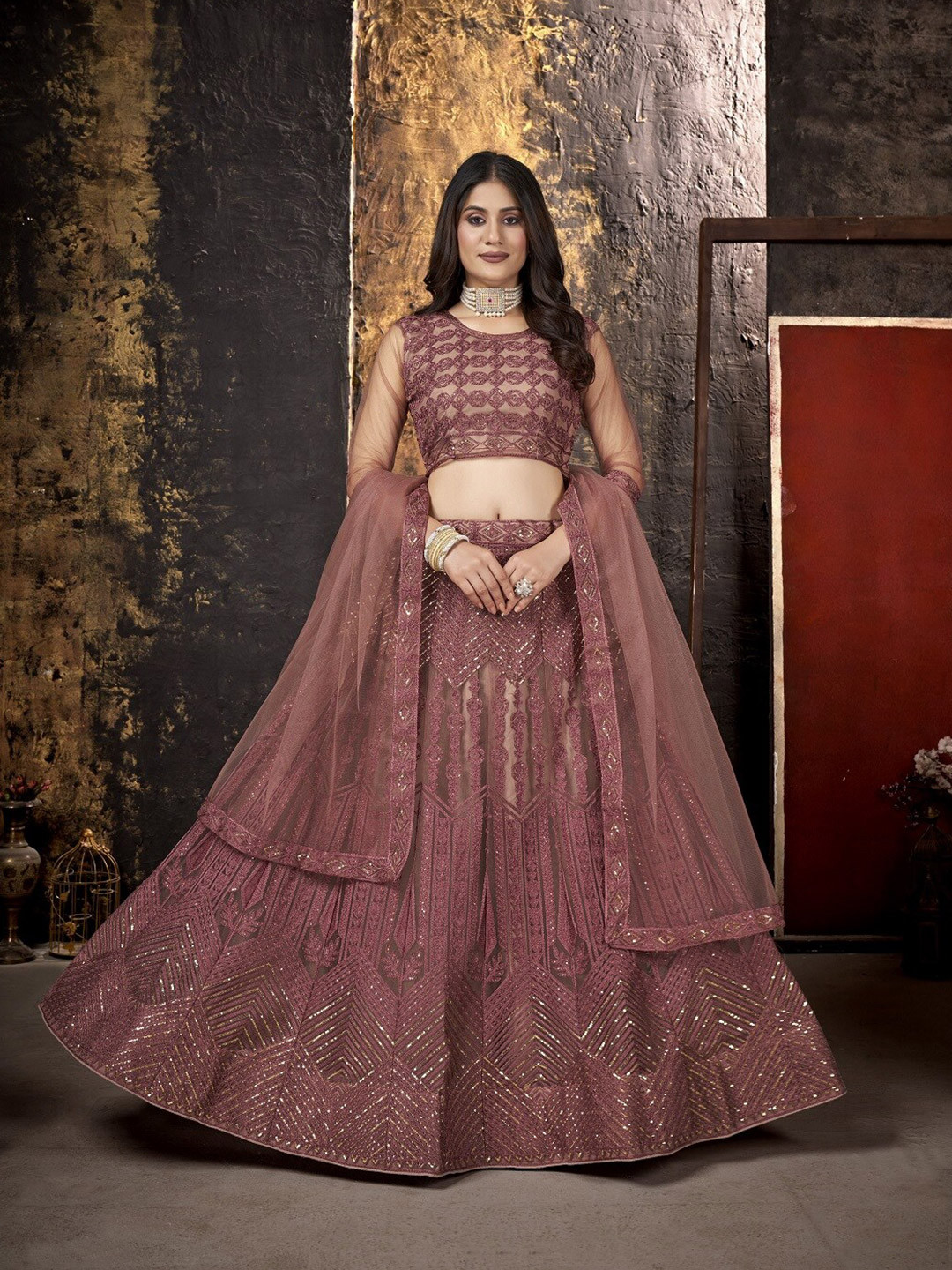 

Pandadi Saree Embellished Sequinned Semi-Stitched Lehenga & Blouse With Dupatta, Brown