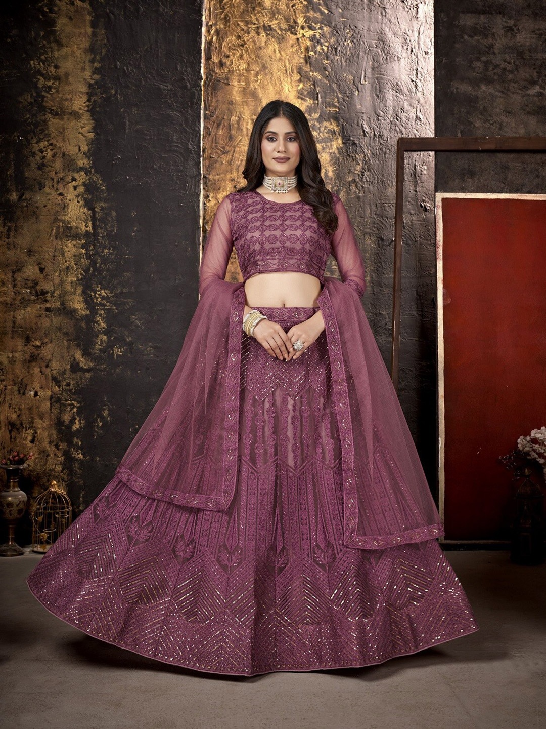 

Pandadi Saree Embroidered Sequinned Semi-Stitched Lehenga & Blouse With Dupatta, Purple