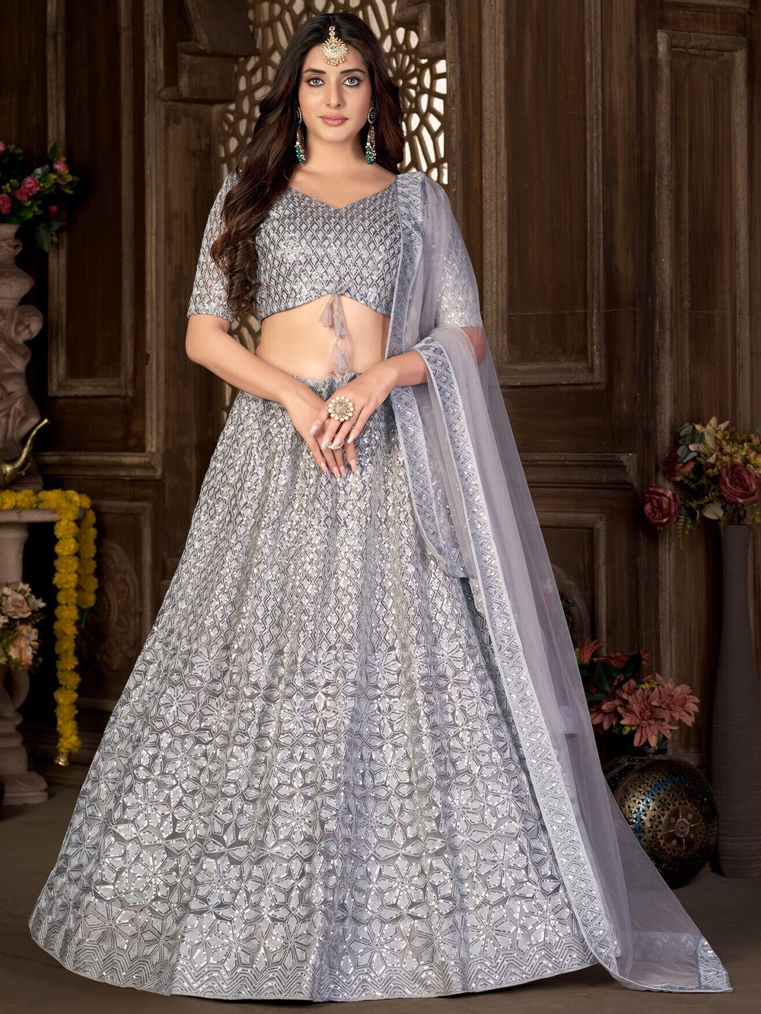 

Pandadi Saree Embroidered Sequinned Semi-Stitched Lehenga & Blouse With Dupatta, Grey