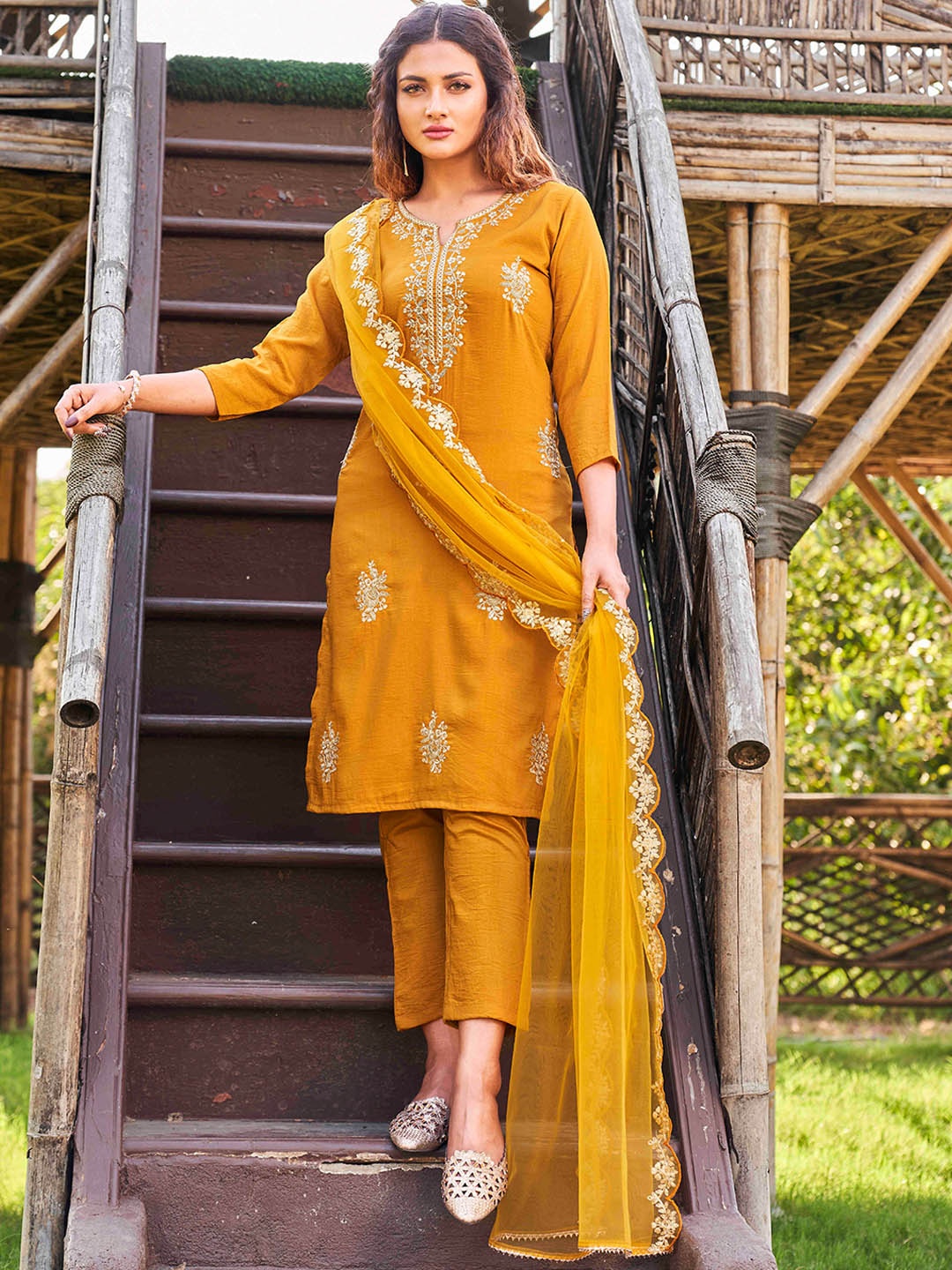 

Tikhi Imli Embroidered Notched Neck Thread Work Kurta With Trousers & Dupatta, Mustard