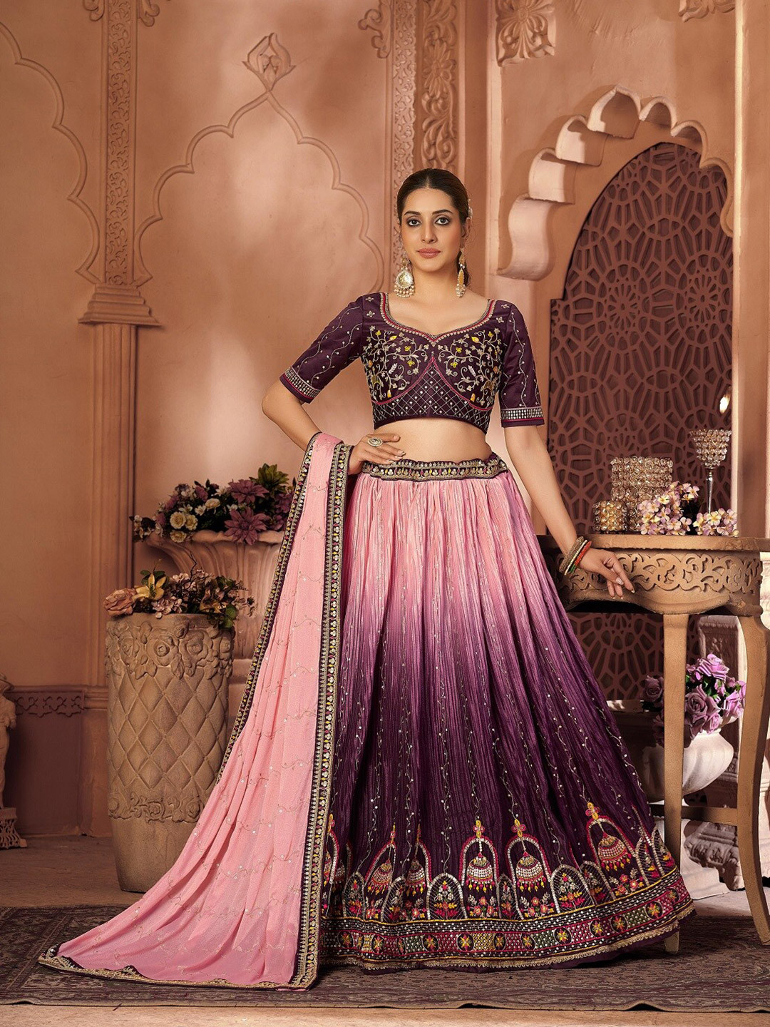 

Pandadi Saree Embroidered Sequinned Semi-Stitched Lehenga & Blouse With Dupatta, Peach