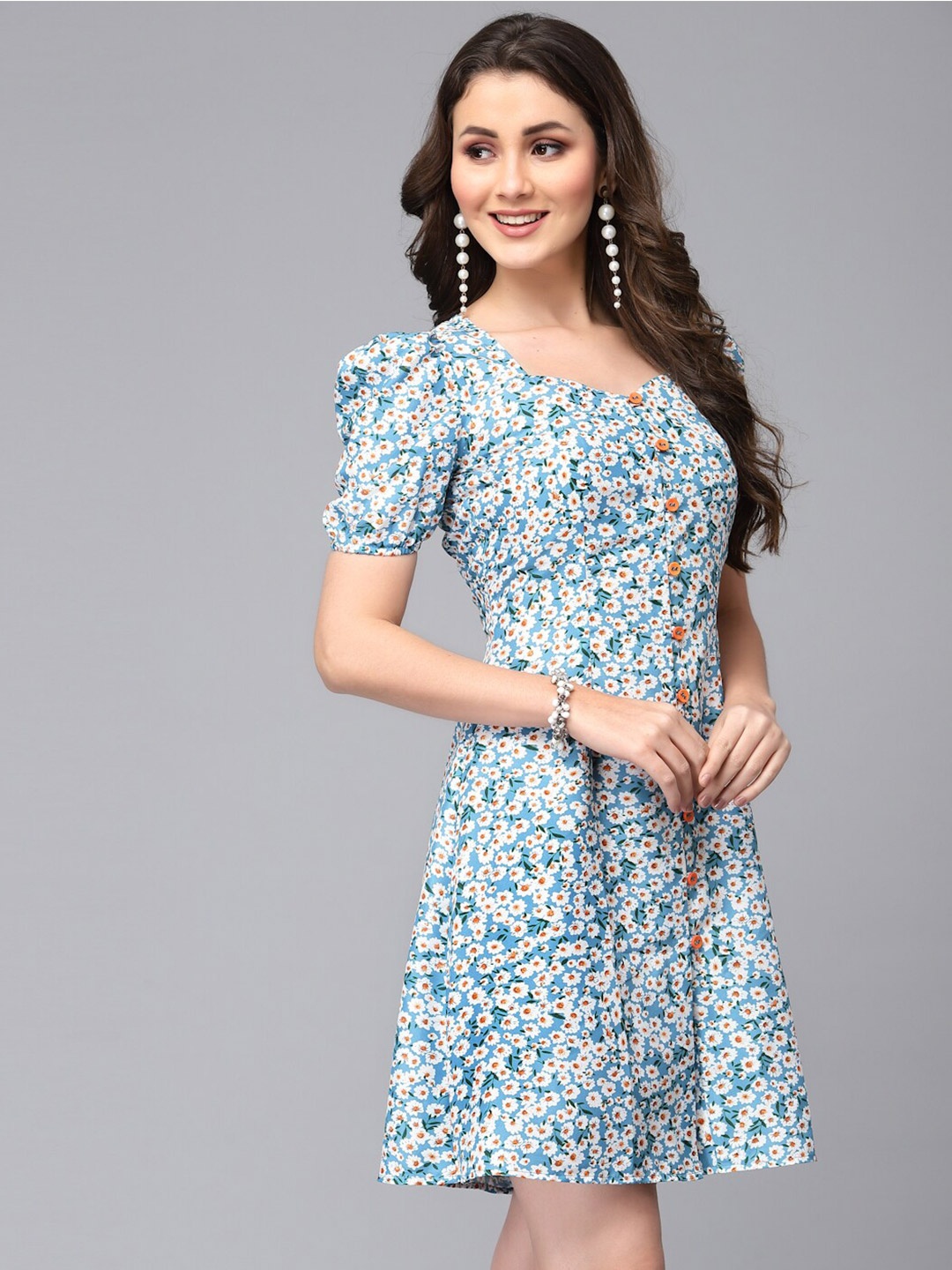 

Selvia Floral Printed Puff Sleeves Crepe A-Line Dress, Blue