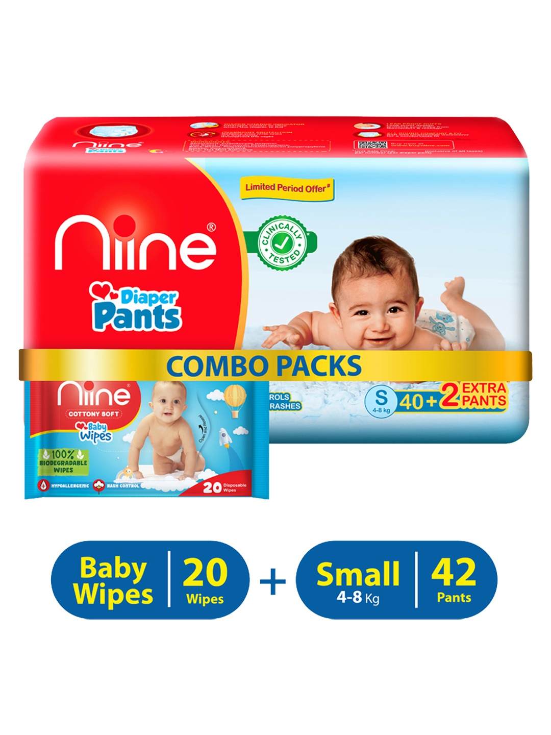 

Niine Set of Baby Diaper Pants Small - 42 Pcs & Baby Wipes - 20 Pcs, Blue