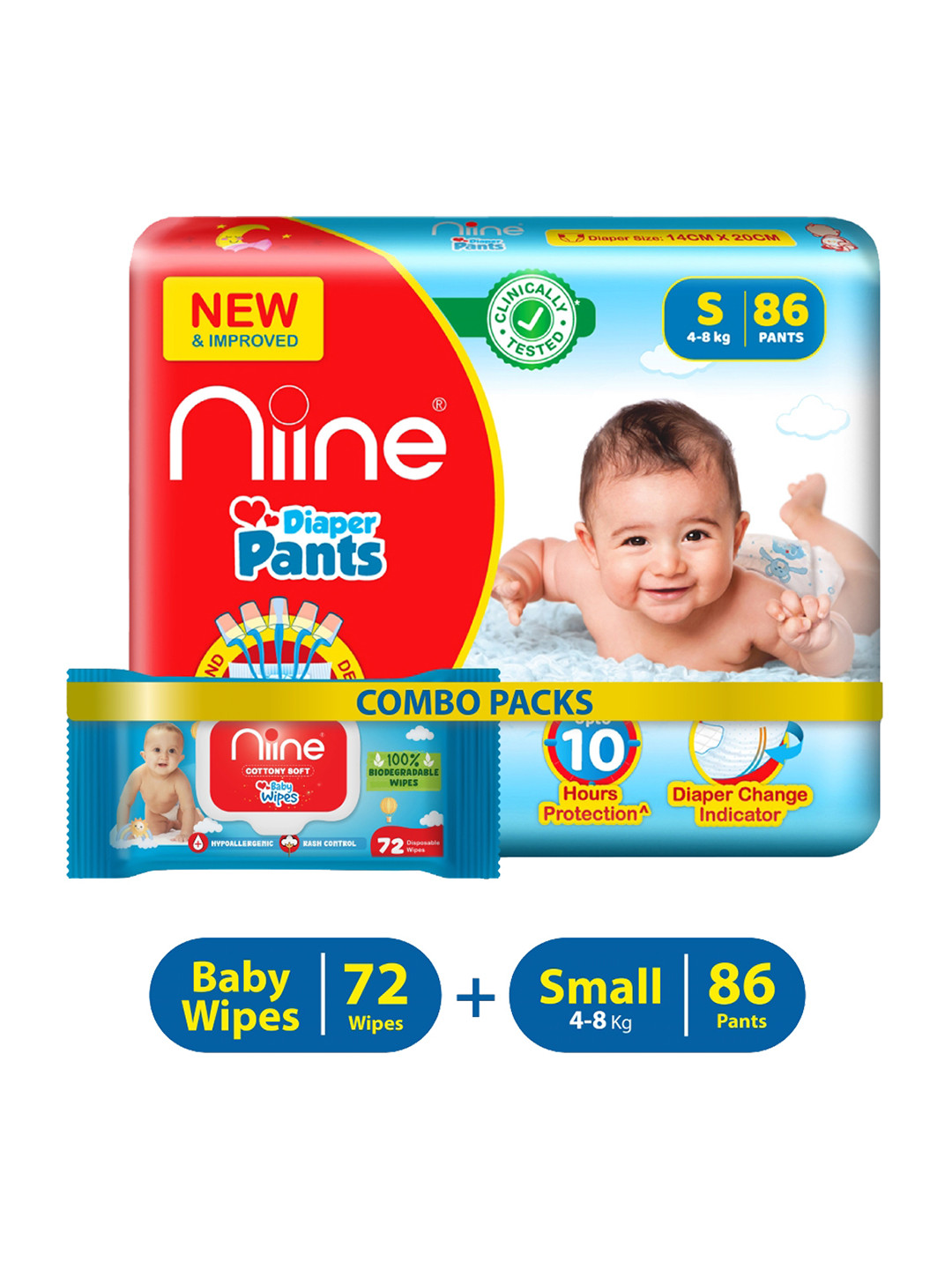 

Niine Set of Baby Diaper Pants Small - 86 Pcs & Baby Wipes - 72 Pcs, White