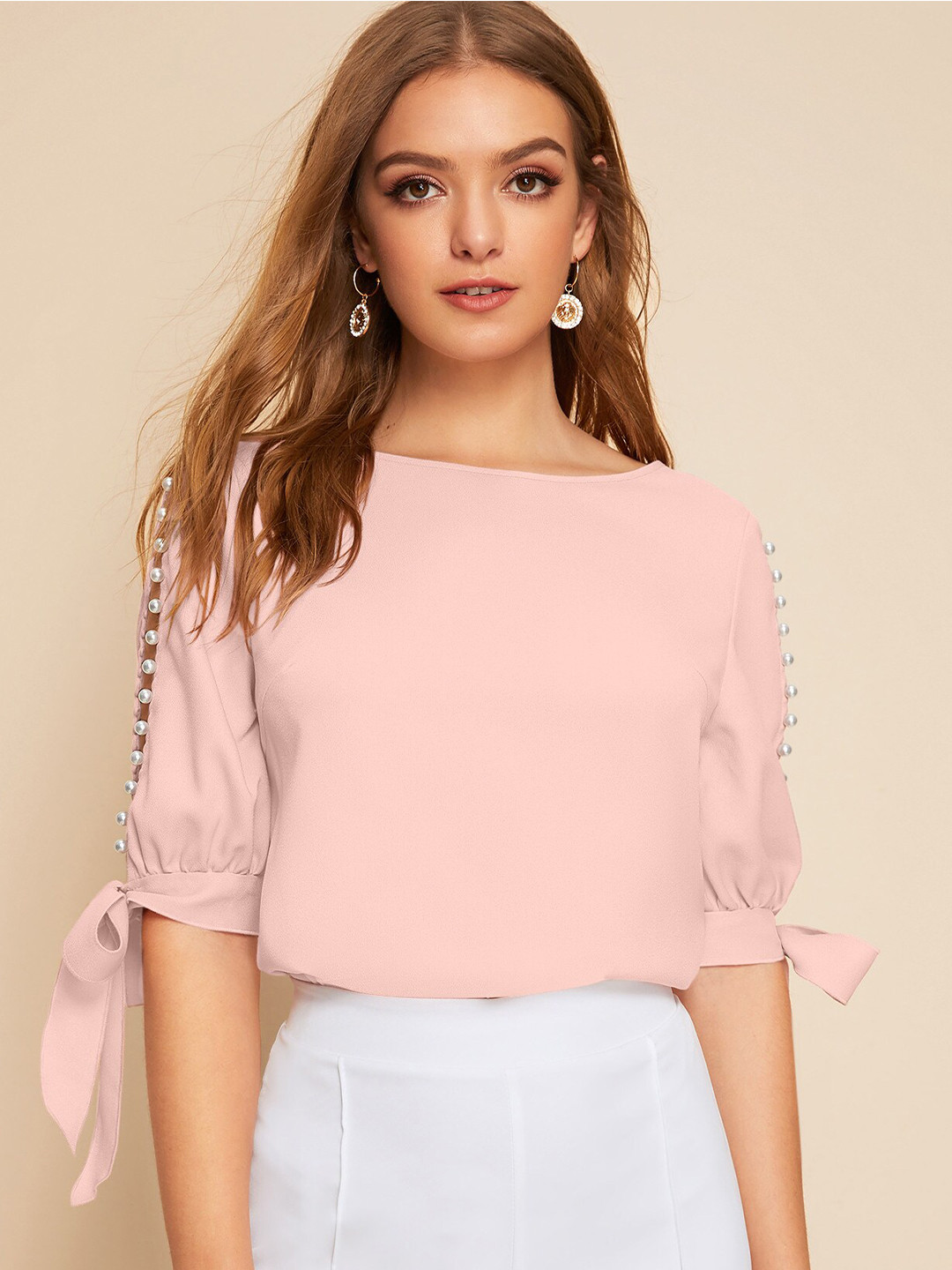 

AAHWAN Embellished Slit Sleeve Regular Top, Pink