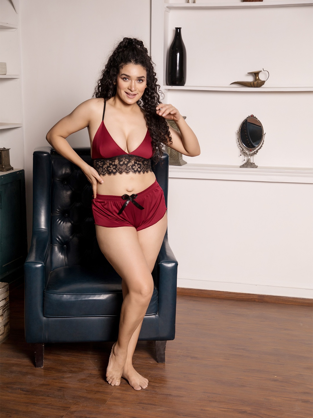 

Shararat V Neck Night Wear Lingerie Set, Red