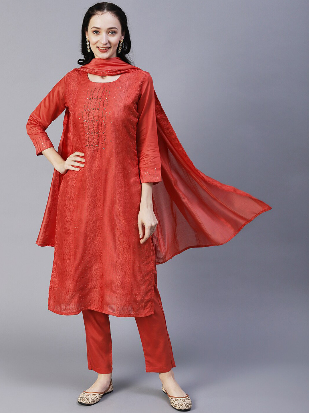 

FASHOR Geometric Embroidered Sequinned Regular Kurta With Trousers & Dupatta, Orange