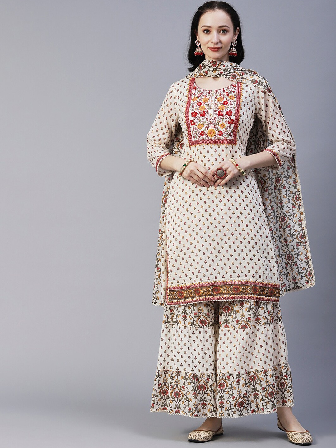

FASHOR Women Off White Ethnic Motifs Printed Regular Mirror Work Pure Cotton Kurta with Sharara & With