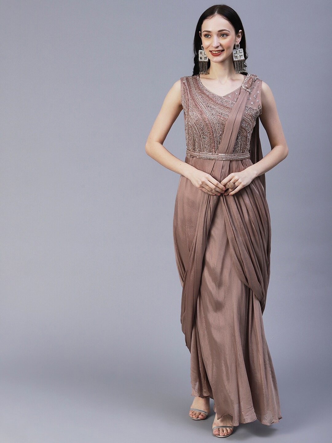 

FASHOR Beige Embellished Crepe Maxi Dress