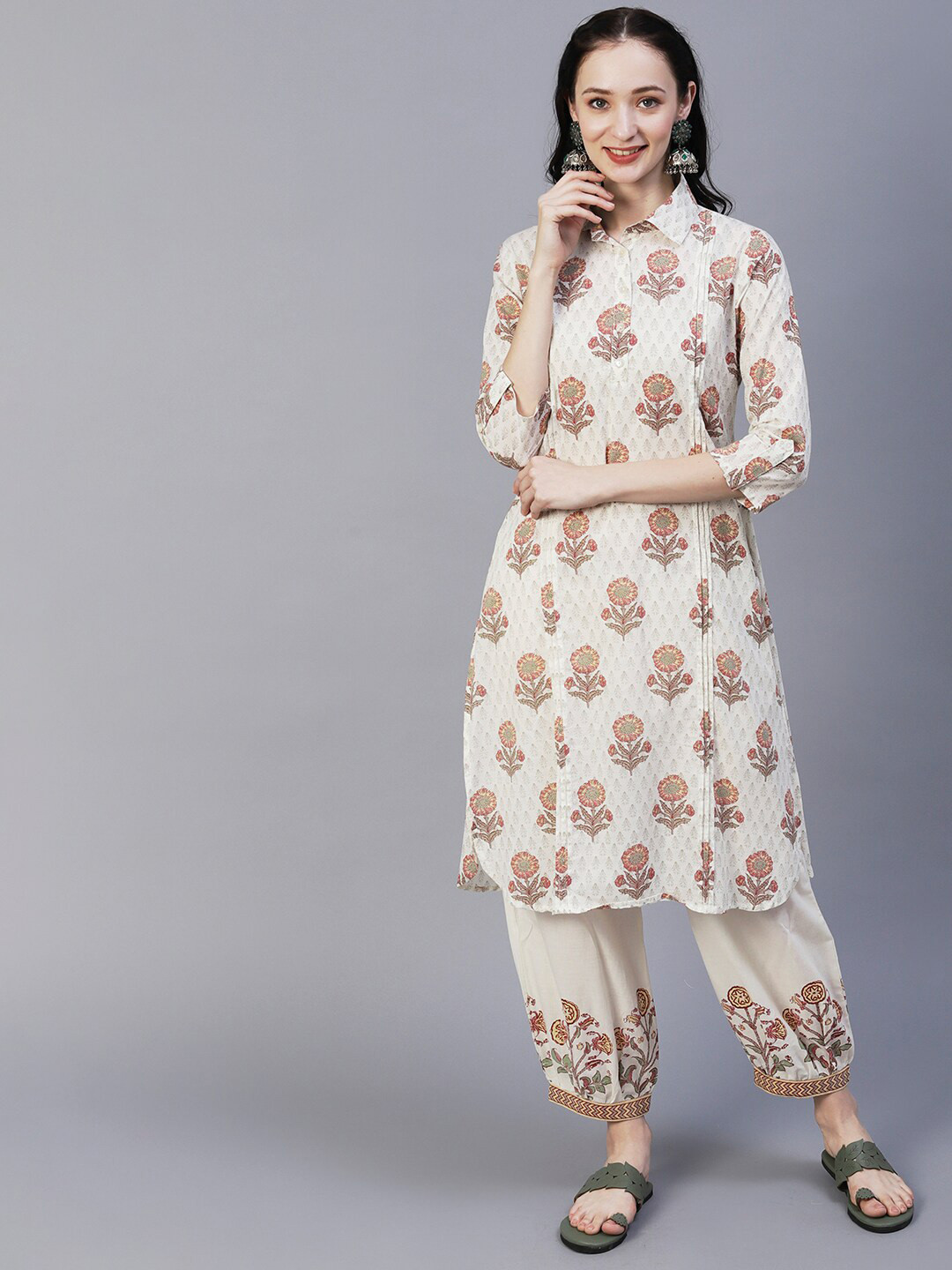

FASHOR Floral Printed Pathani Pure Cotton Kurta with Salwar, Off white