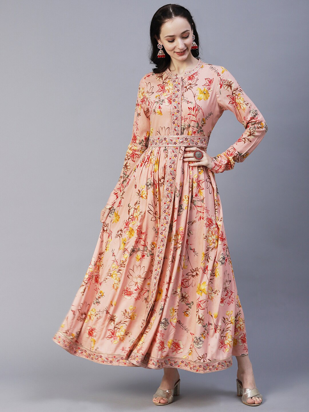 

FASHOR Floral Printed Embroidered Maxi Ethnic Dress With Belt, Peach