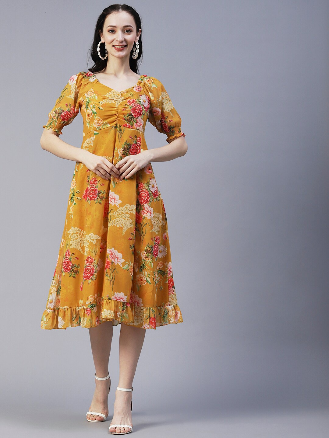

FASHOR Mustard Yellow Floral Print Cold-Shoulder Georgette A-Line Midi Dress