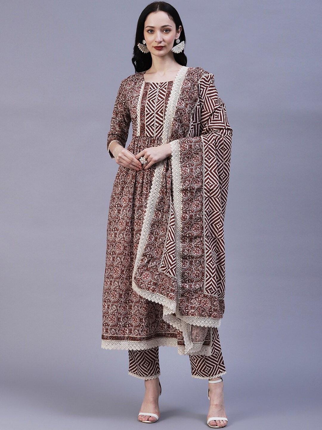 

FASHOR Floral Printed Pleated A-Line Pure Cotton Kurta with Trousers & Dupatta, Brown