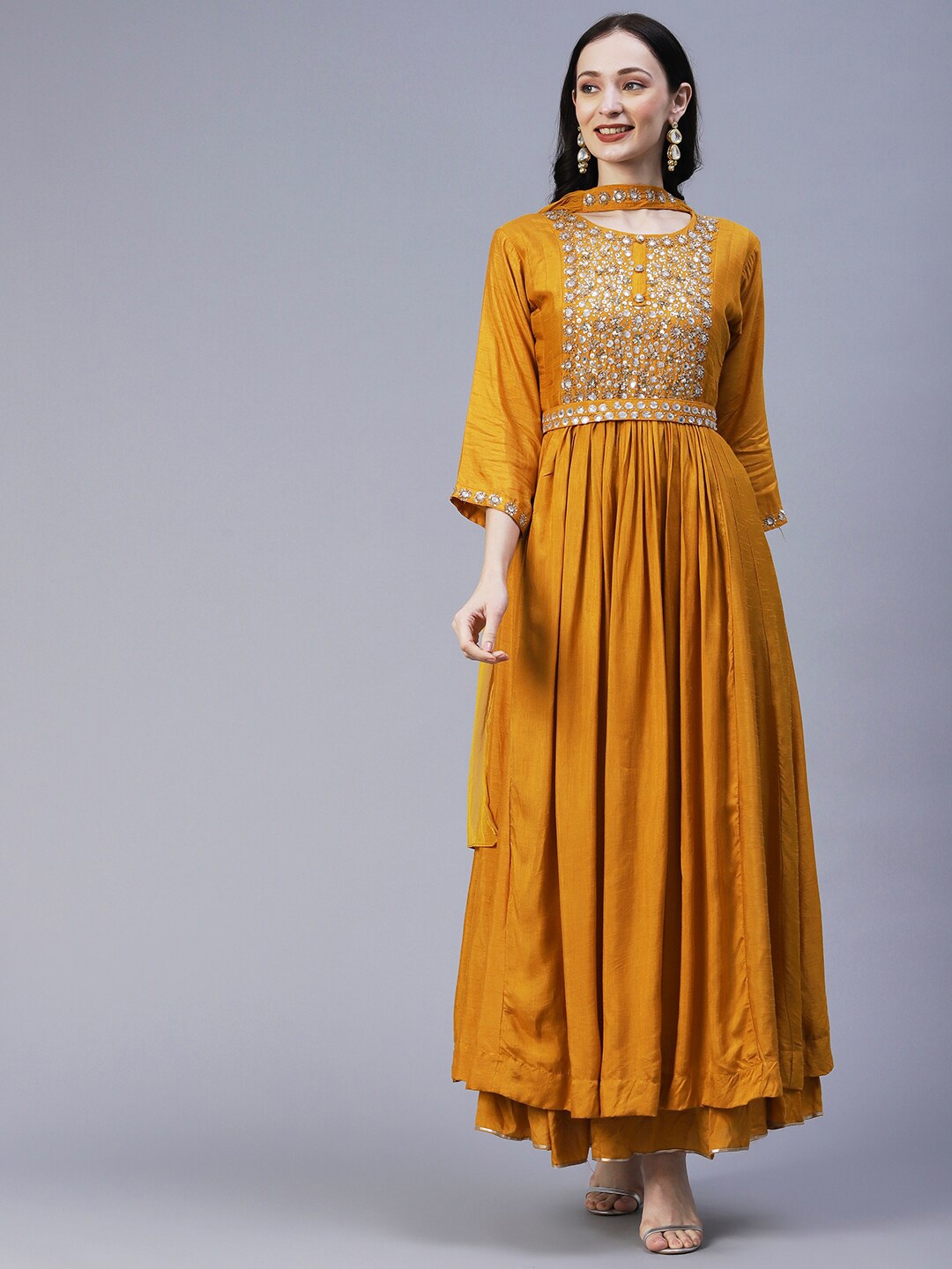 

FASHOR Mustard Yellow Keyhole Neck Bell Sleeve Maxi Dress