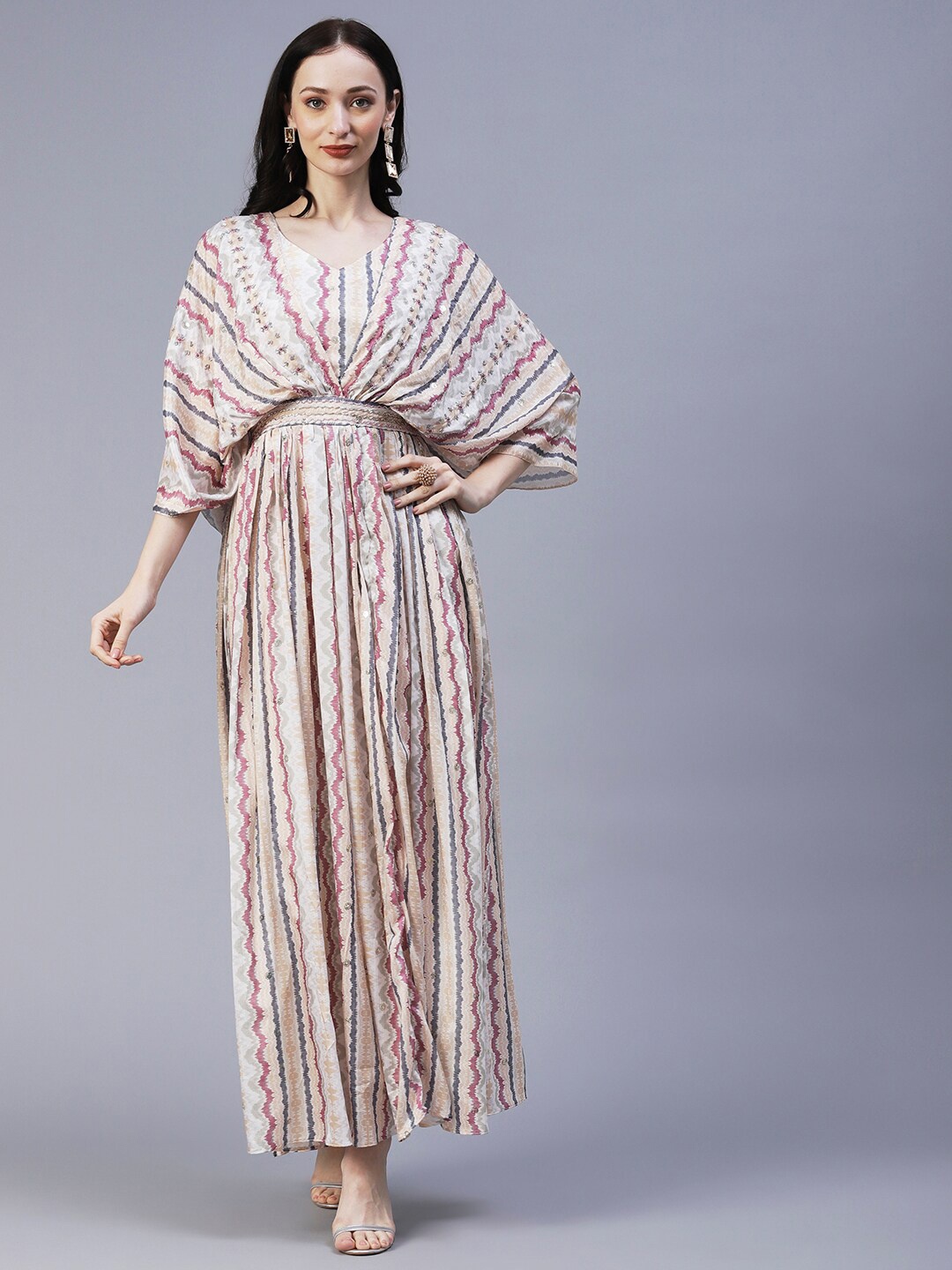 

FASHOR Chevron Printed Flared Sleeves Embroidered Maxi Dress, Off white