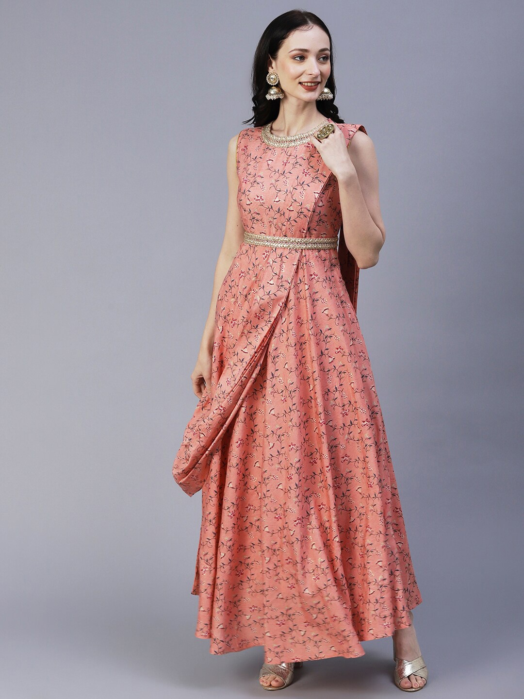 

FASHOR Floral Printed A-Line Maxi Ethnic Dress, Peach
