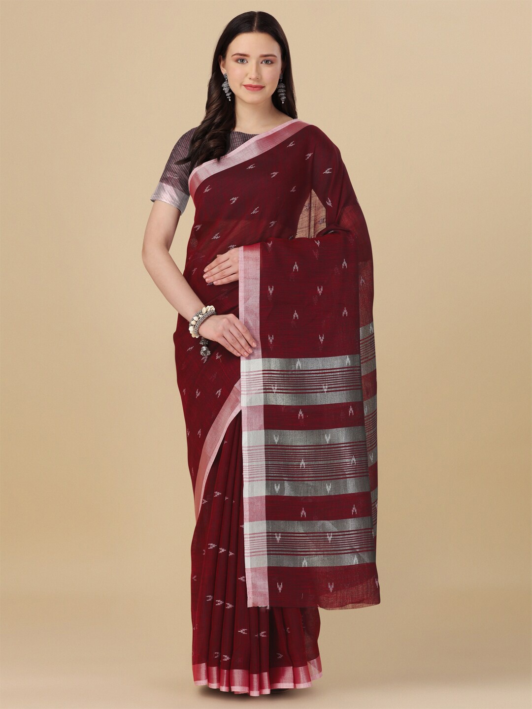 

elora Ethnic Motif Woven Design Zari Linen Saree, Maroon