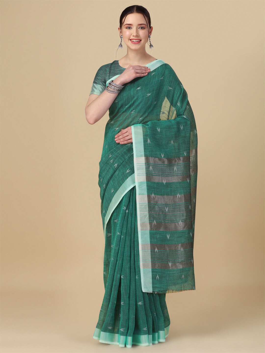 

elora Sea Ethnic Motif Woven Design Zari Linen Saree, Sea green