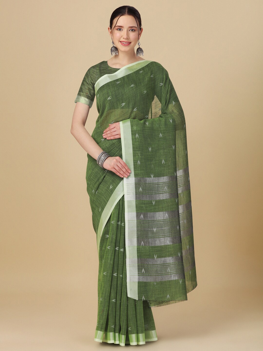 

elora Ethnic Motif Woven Design Zari Linen Saree, Green