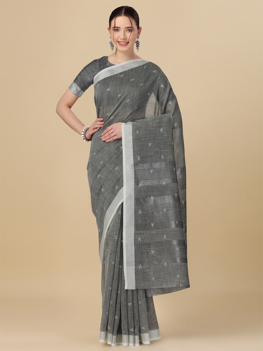 

elora Ethnic Motif Woven Design Zari Linen Saree, Grey