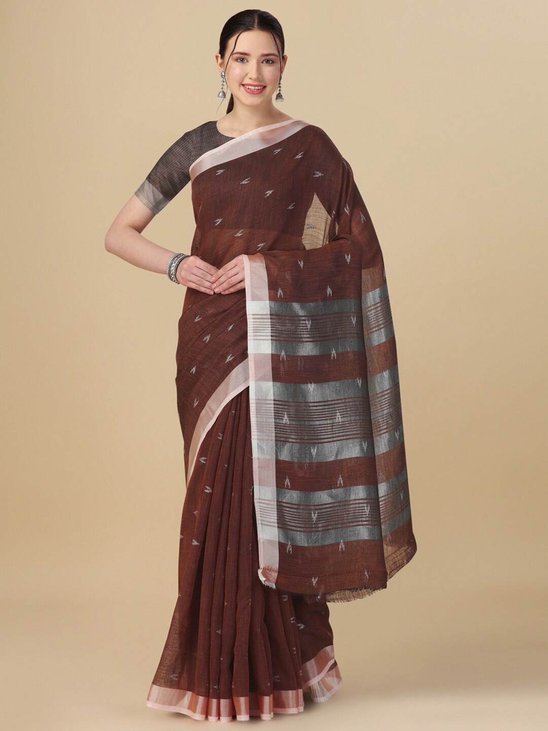 

elora Ethnic Motif Woven Design Zari Linen Saree, Brown