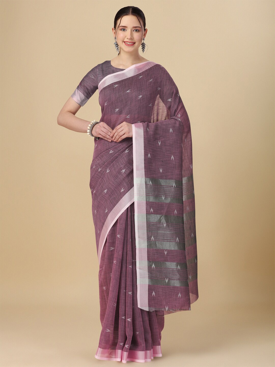 

elora Ethnic Motif Woven Design Zari Linen Saree, Purple