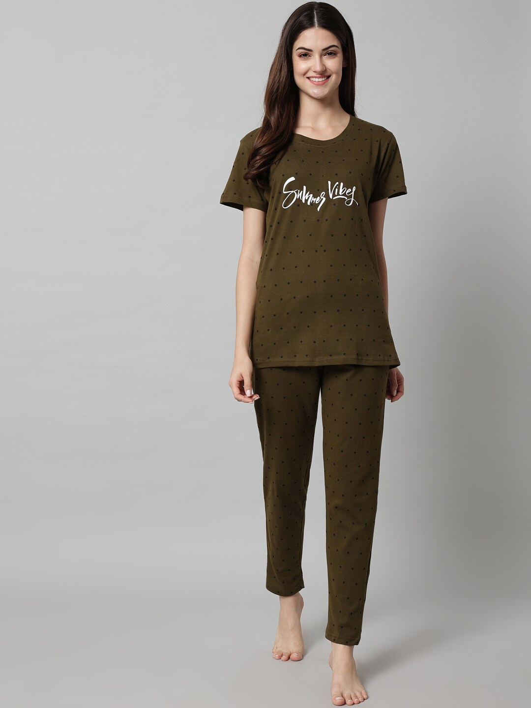 

SEPHANI Typography Printed Pure Cotton Night Suit, Olive